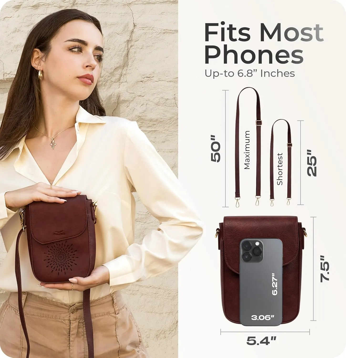 Claasico Crossbody Bag for Women, RFID Phone Purse, Card Slots Coin Pocket w/strap, Phone Holder PU Leather Crossbody Purse