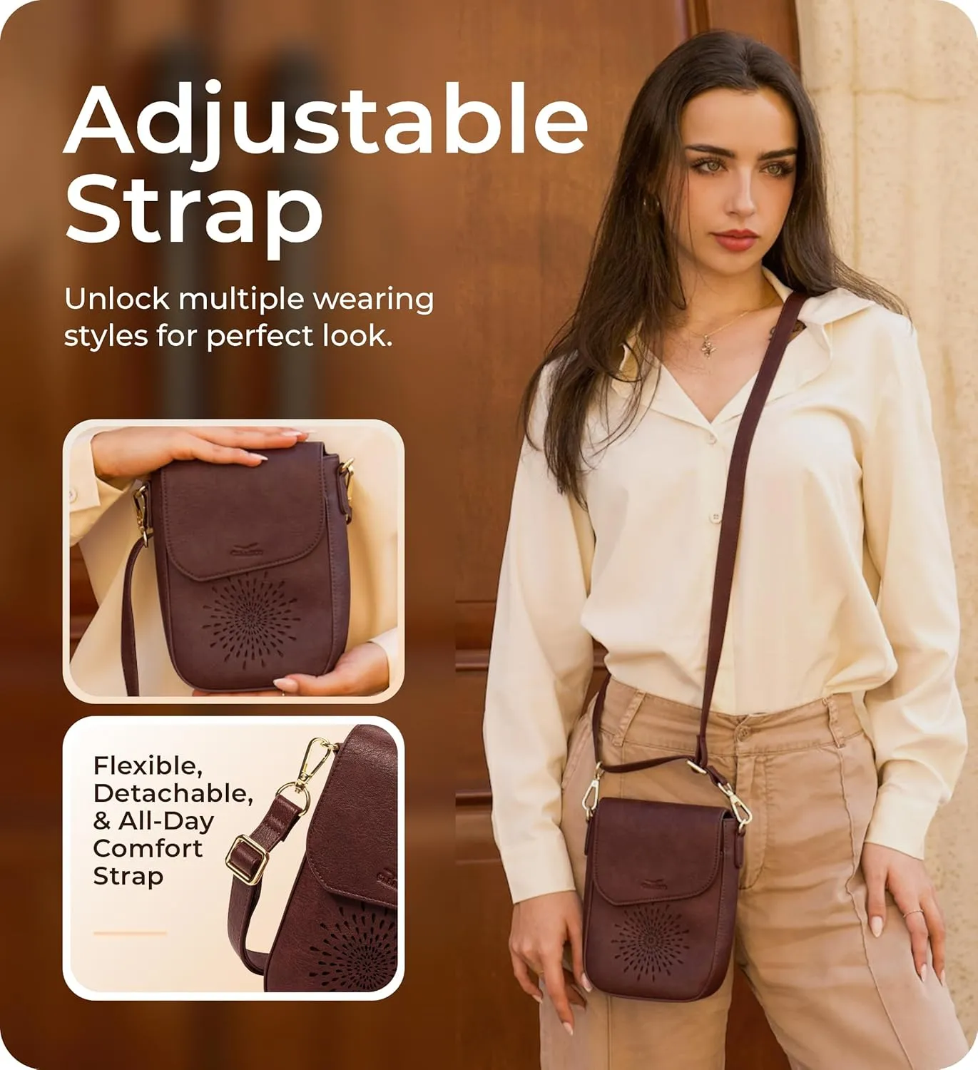 Claasico Crossbody Bag for Women, RFID Phone Purse, Card Slots Coin Pocket w/strap, Phone Holder PU Leather Crossbody Purse