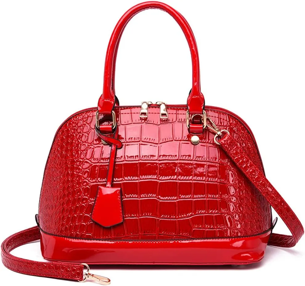 Classic Dome Satchel Bags for Women Crocodile Pattern Faux Leather Crossbody Bags Top Handle Handbags Zipper Purse