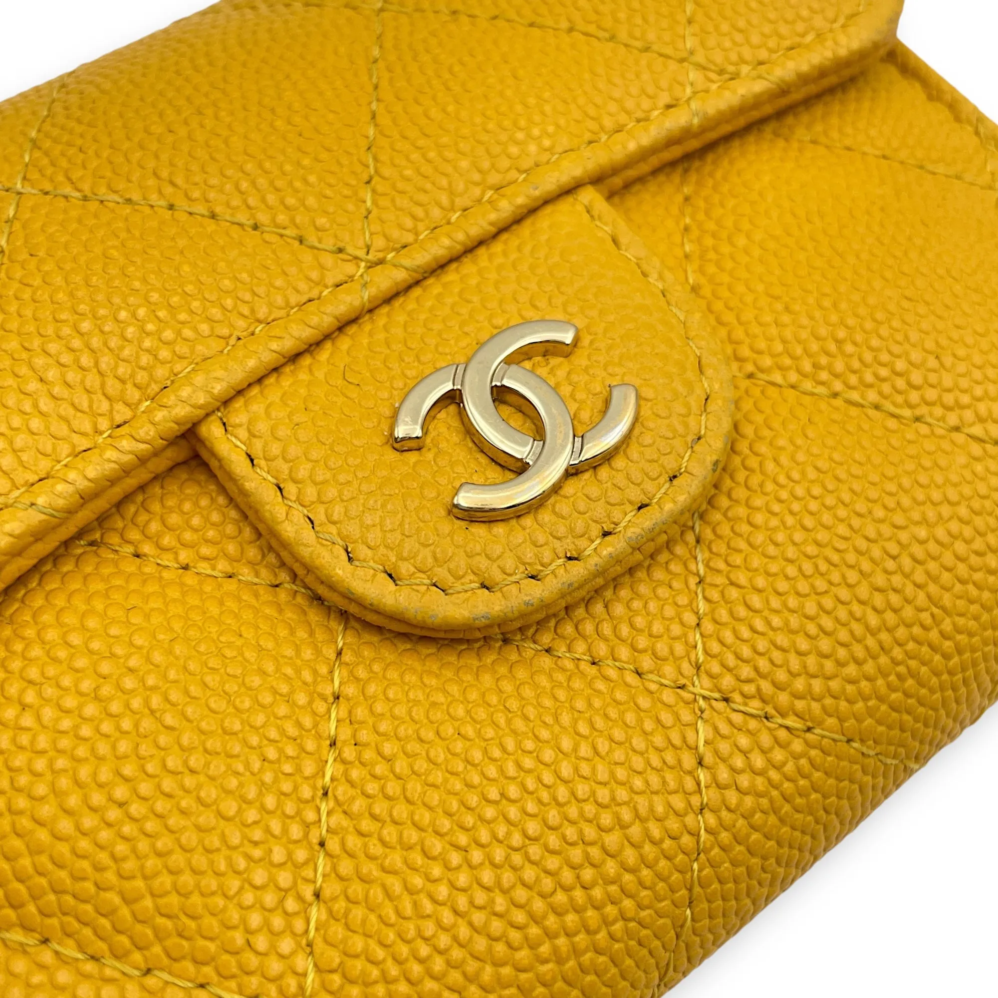 Classic XL Yellow Card Holder in Caviar Leather, Gold hardware