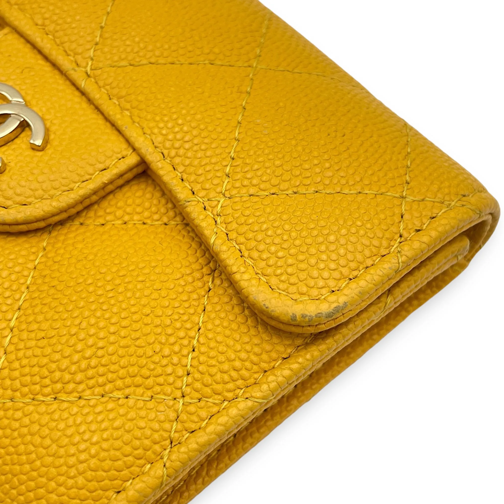 Classic XL Yellow Card Holder in Caviar Leather, Gold hardware