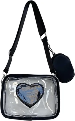 Clear Crossbody Bag with Adjustable Shoulder Strap,PVC Love Messenger Purse Transparent Shoulder Bag with Small Wallet
