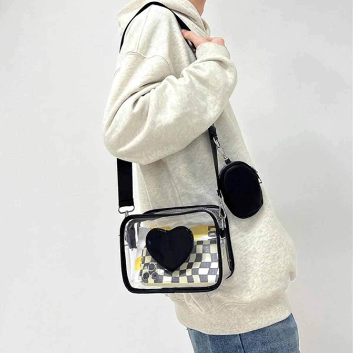 Clear Crossbody Bag with Adjustable Shoulder Strap,PVC Love Messenger Purse Transparent Shoulder Bag with Small Wallet