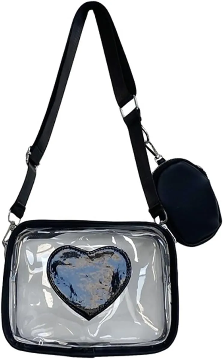 Clear Crossbody Bag with Adjustable Shoulder Strap,PVC Love Messenger Purse Transparent Shoulder Bag with Small Wallet
