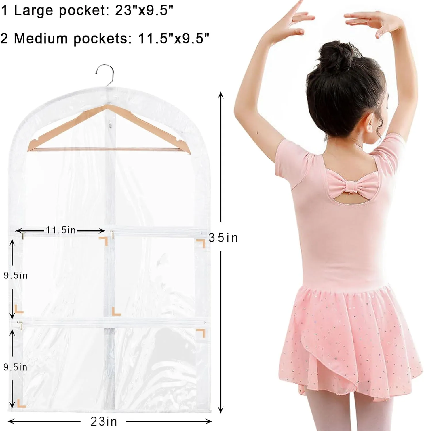 Clear Dance Costume Garment Bags for Dancers with Pockets, PVC Waterproof 35" Foldable Travel Costume Bag for Competitions, Hanging Clothes Storage Organizer (2 pack)