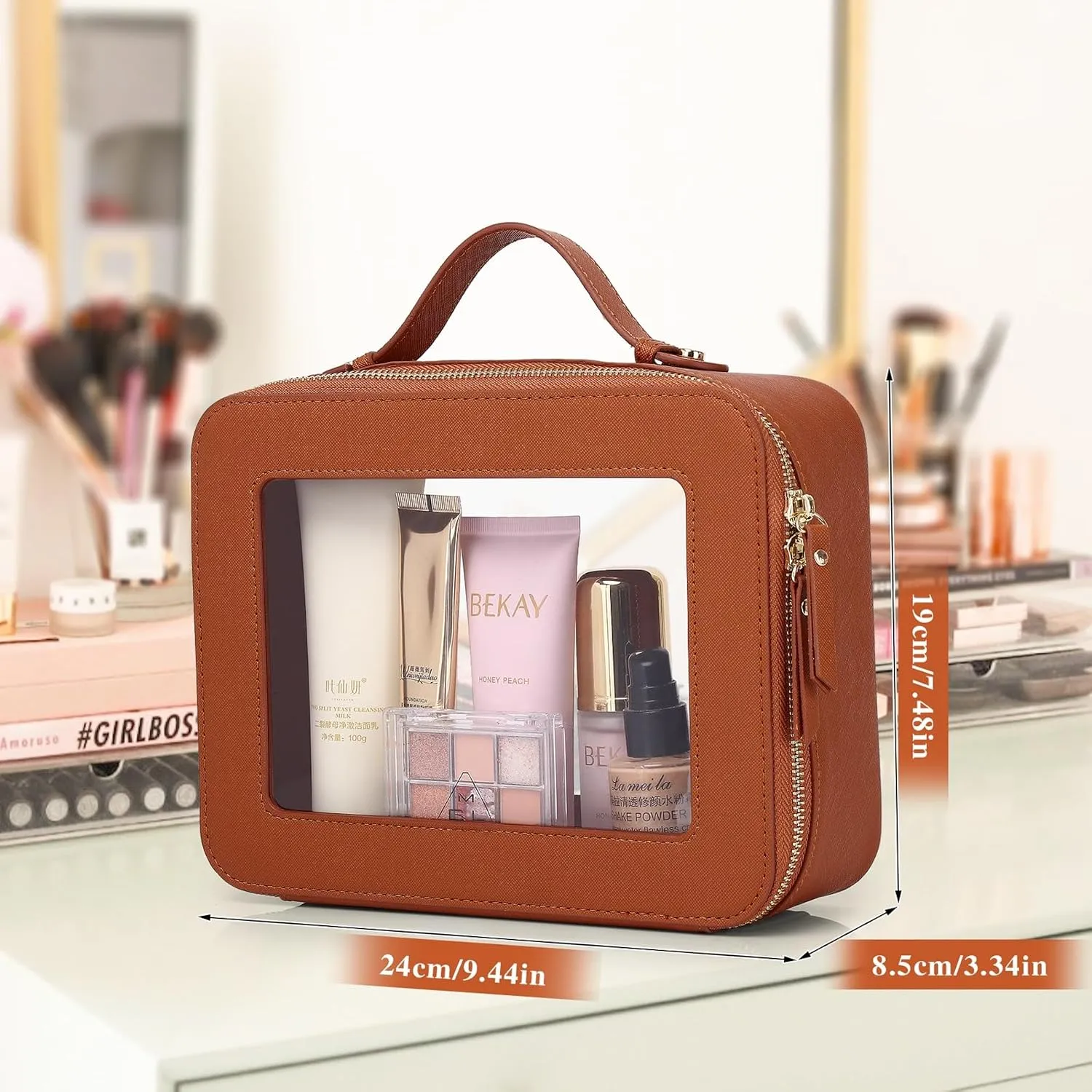 Clear Makeup Bag Waterproof Travel Case for Cosmetics and Toiletries Women's Makeup Organizer and Car Bag with Zipper (X/Brown, L-1)