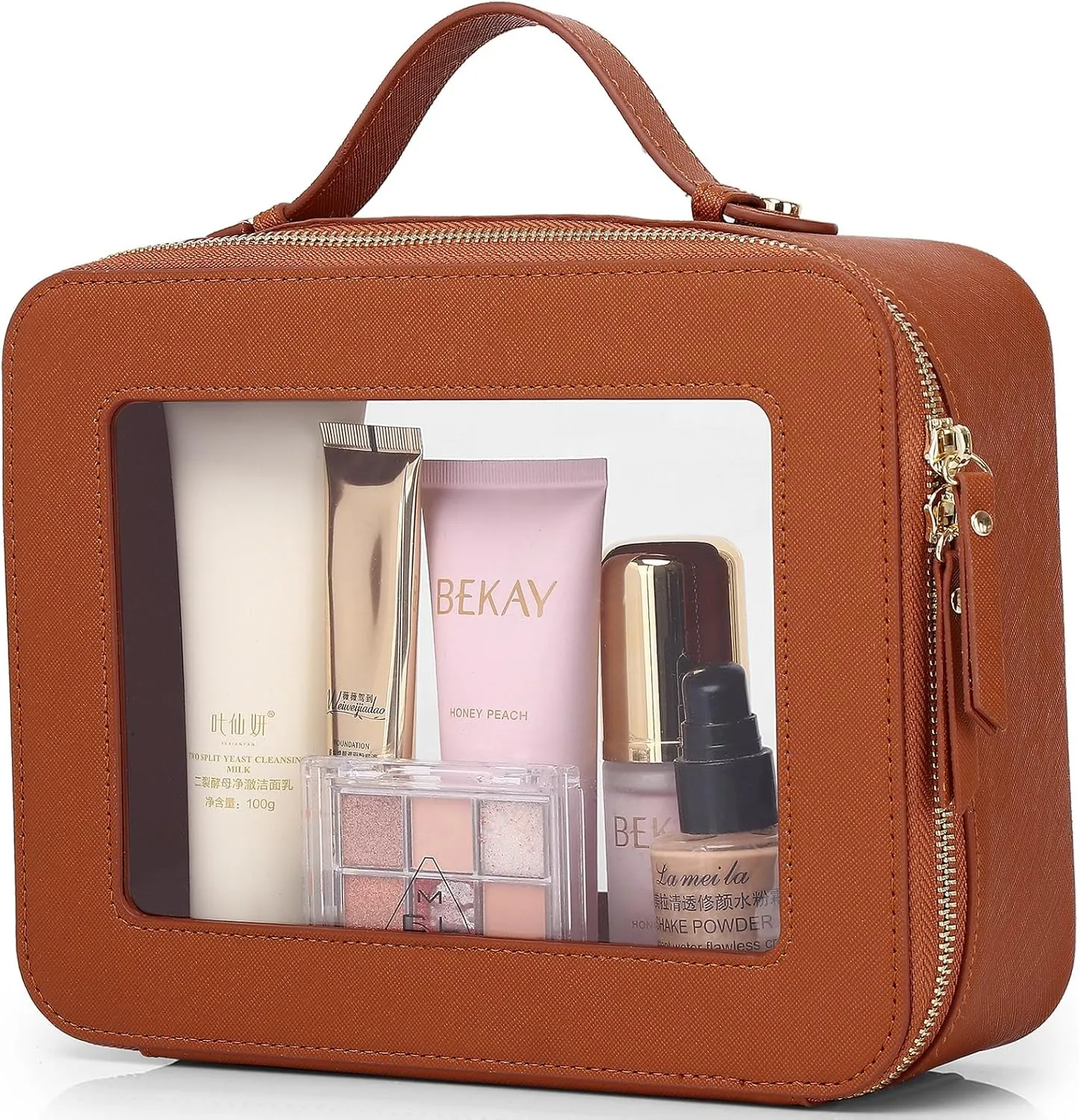 Clear Makeup Bag Waterproof Travel Case for Cosmetics and Toiletries Women's Makeup Organizer and Car Bag with Zipper (X/Brown, L-1)