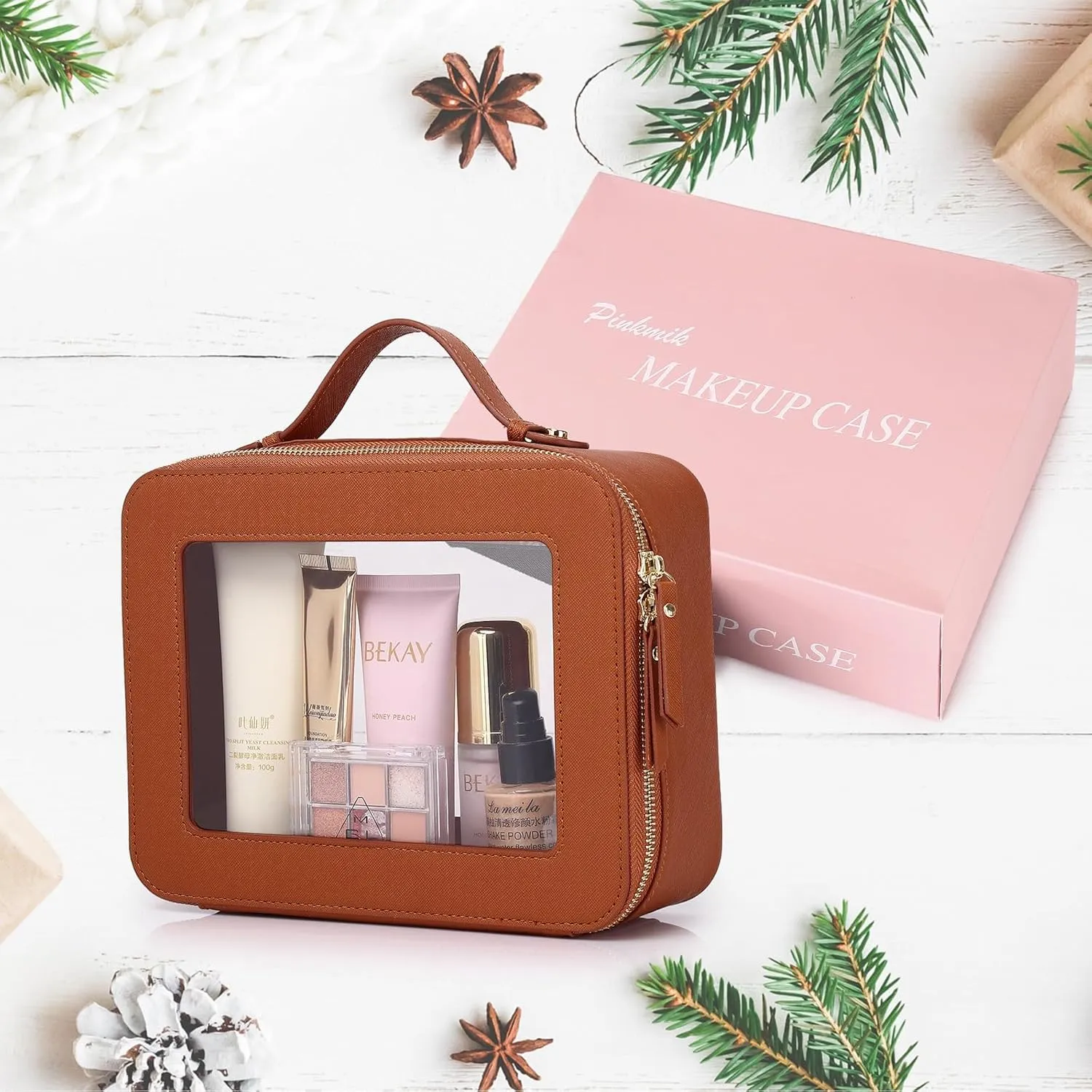 Clear Makeup Bag Waterproof Travel Case for Cosmetics and Toiletries Women's Makeup Organizer and Car Bag with Zipper (X/Brown, L-1)
