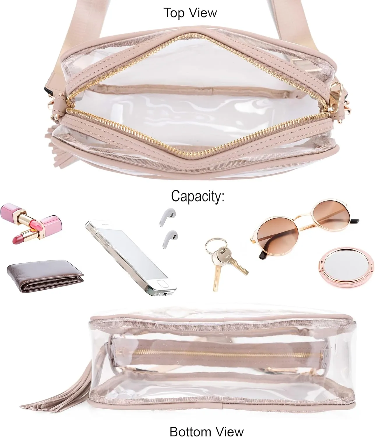 Clear Transparent Crossbody Bag for Stadium Approved Concert Events with Adjustable and Detachable Strap and Tassel