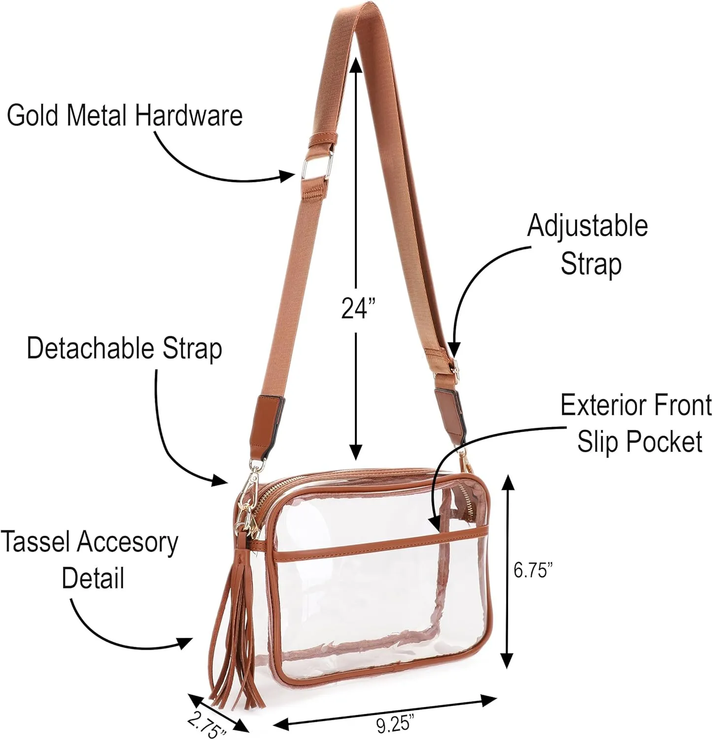 Clear Transparent Crossbody Bag for Stadium Approved Concert Events with Adjustable and Detachable Strap and Tassel
