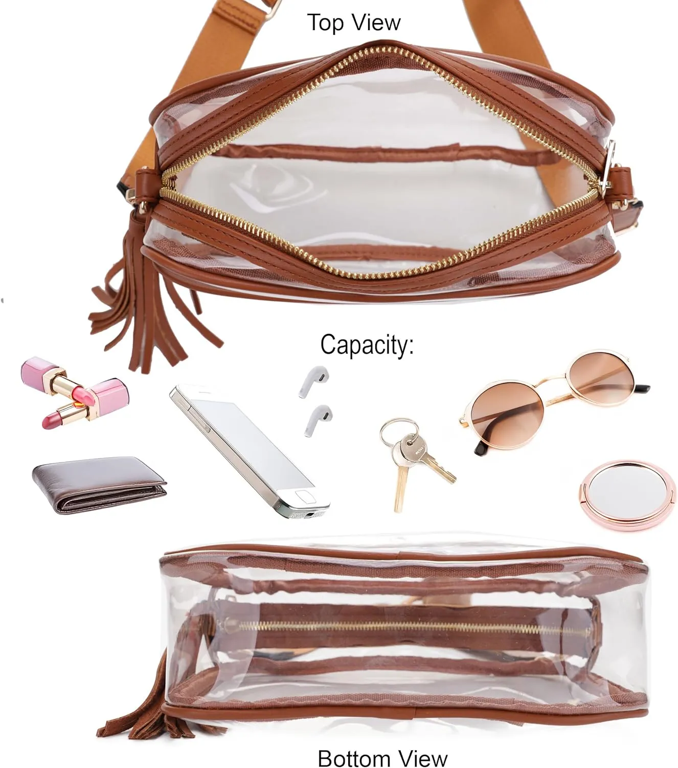 Clear Transparent Crossbody Bag for Stadium Approved Concert Events with Adjustable and Detachable Strap and Tassel