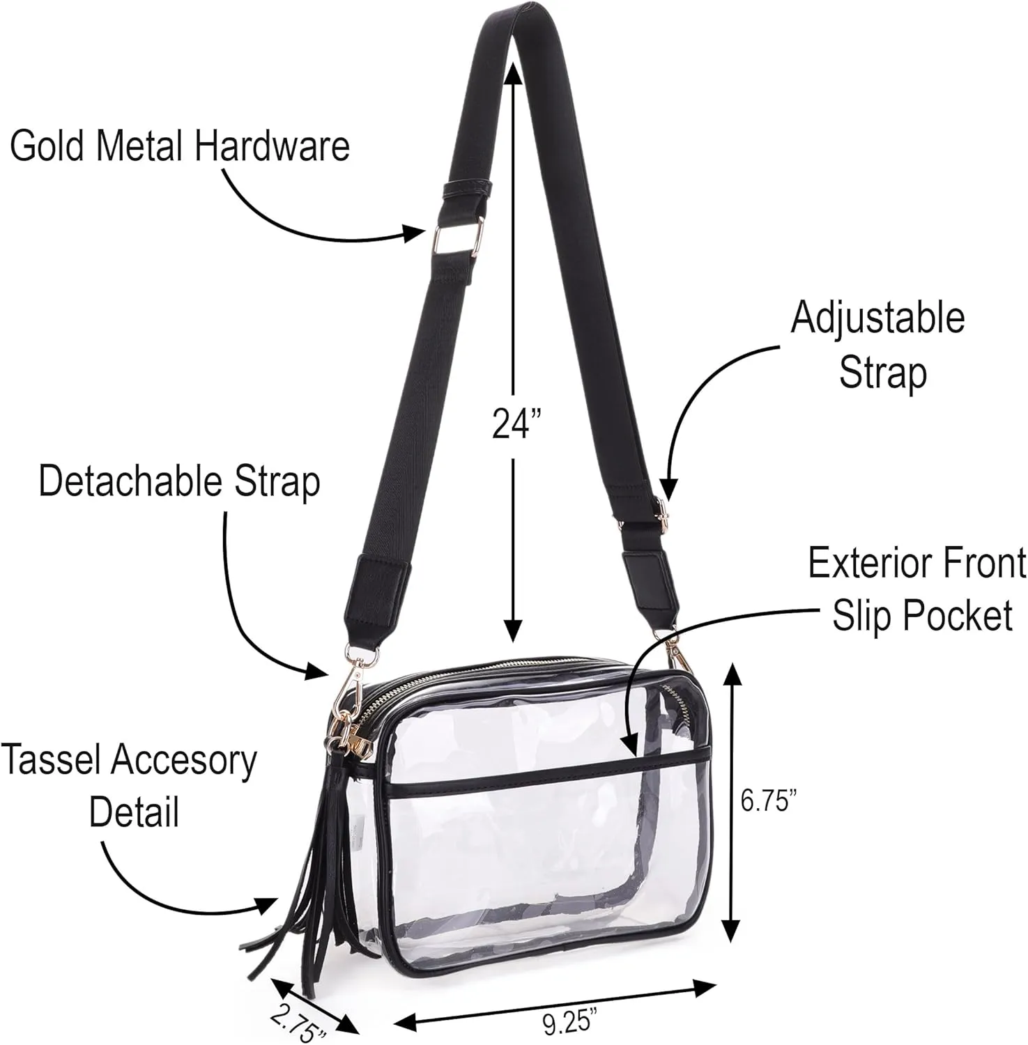Clear Transparent Crossbody Bag for Stadium Approved Concert Events with Adjustable and Detachable Strap and Tassel