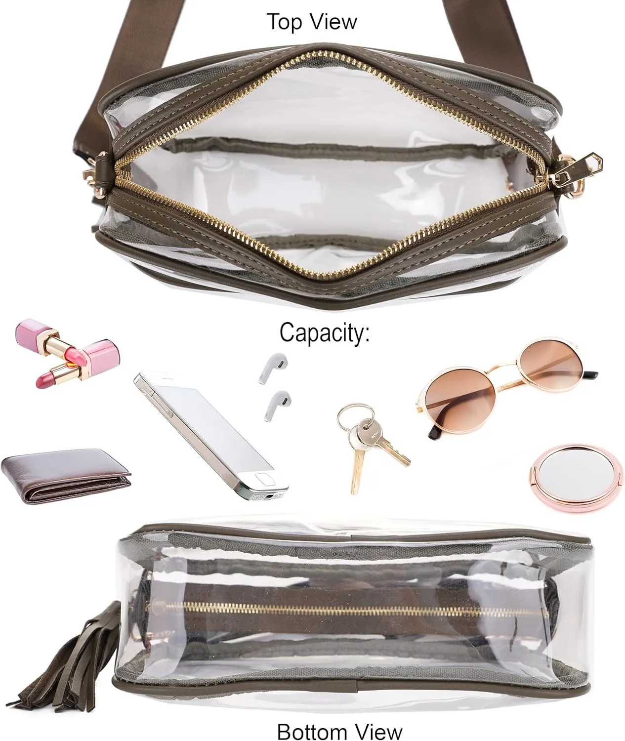 Clear Transparent Crossbody Bag for Stadium Approved Concert Events with Adjustable and Detachable Strap and Tassel