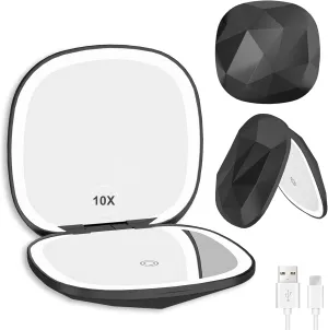 Compact LED Magnifying Travel Makeup-Mirror 1x/5x Magnifying Led Travel Small Makeup Mirror Rechargeable Portable Mirror for Purse Pocket Travel Essentials Accessories for Women Gifts Black