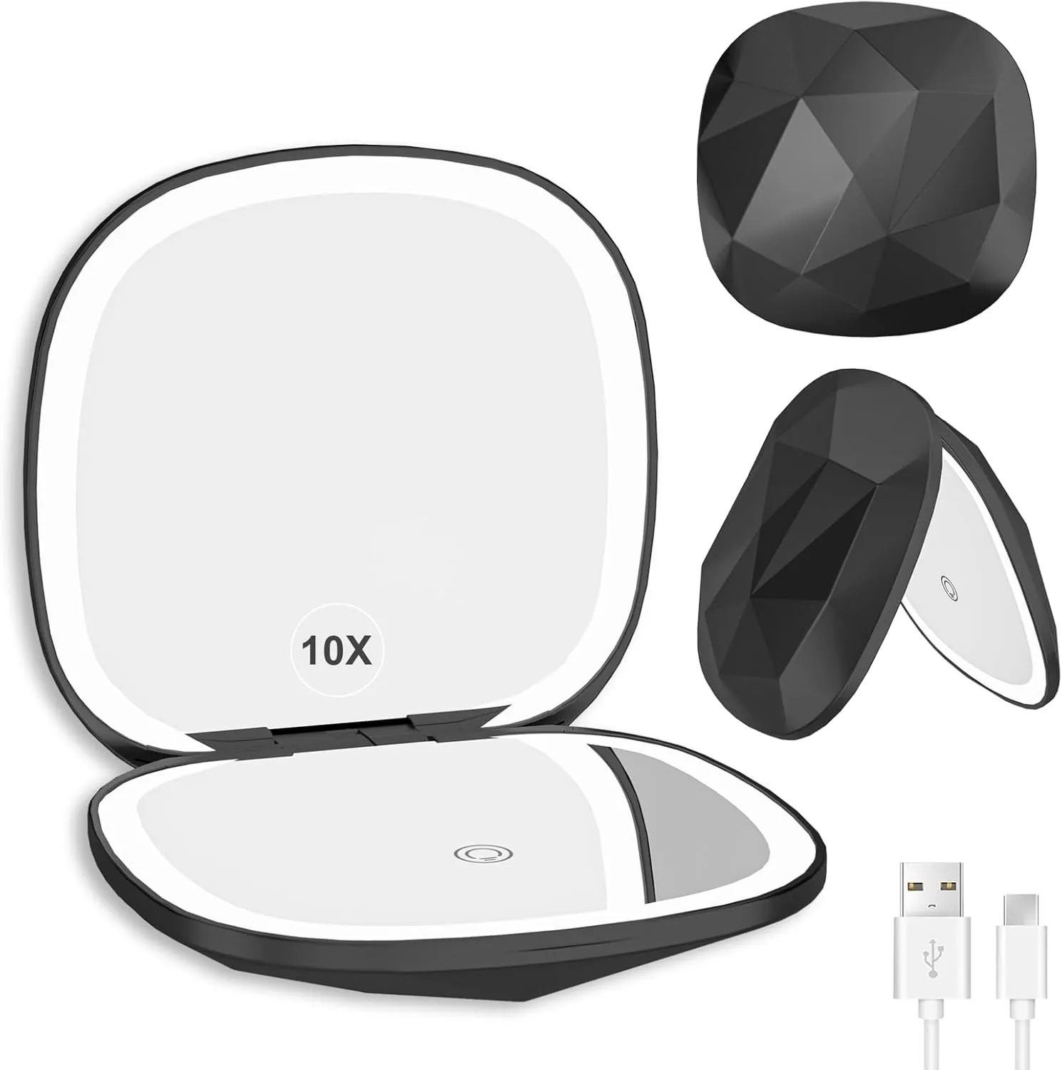 Compact LED Magnifying Travel Makeup-Mirror 1x/5x Magnifying Led Travel Small Makeup Mirror Rechargeable Portable Mirror for Purse Pocket Travel Essentials Accessories for Women Gifts Black