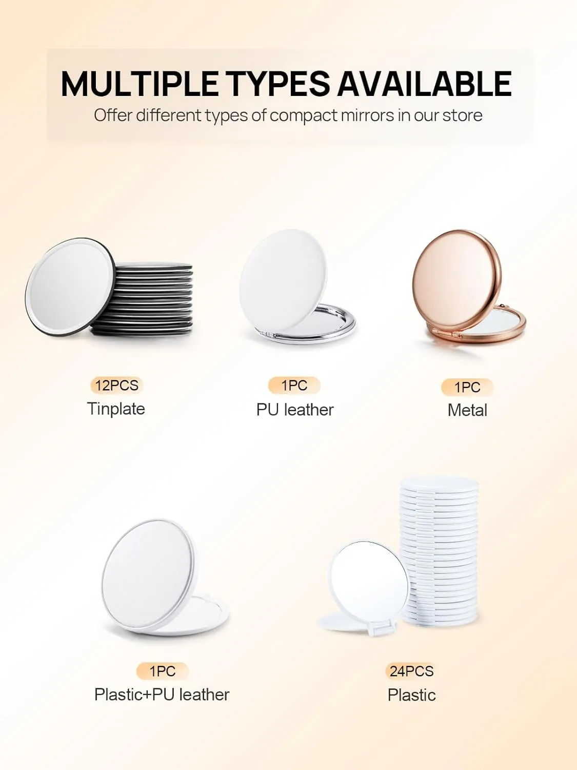 Compact Mirror for Purse, Pack of 6 Double-Sided 1X/2X Magnifying Round Metal Pocket Makeup Mirrors(Rose Gold, Mix Diamond)
