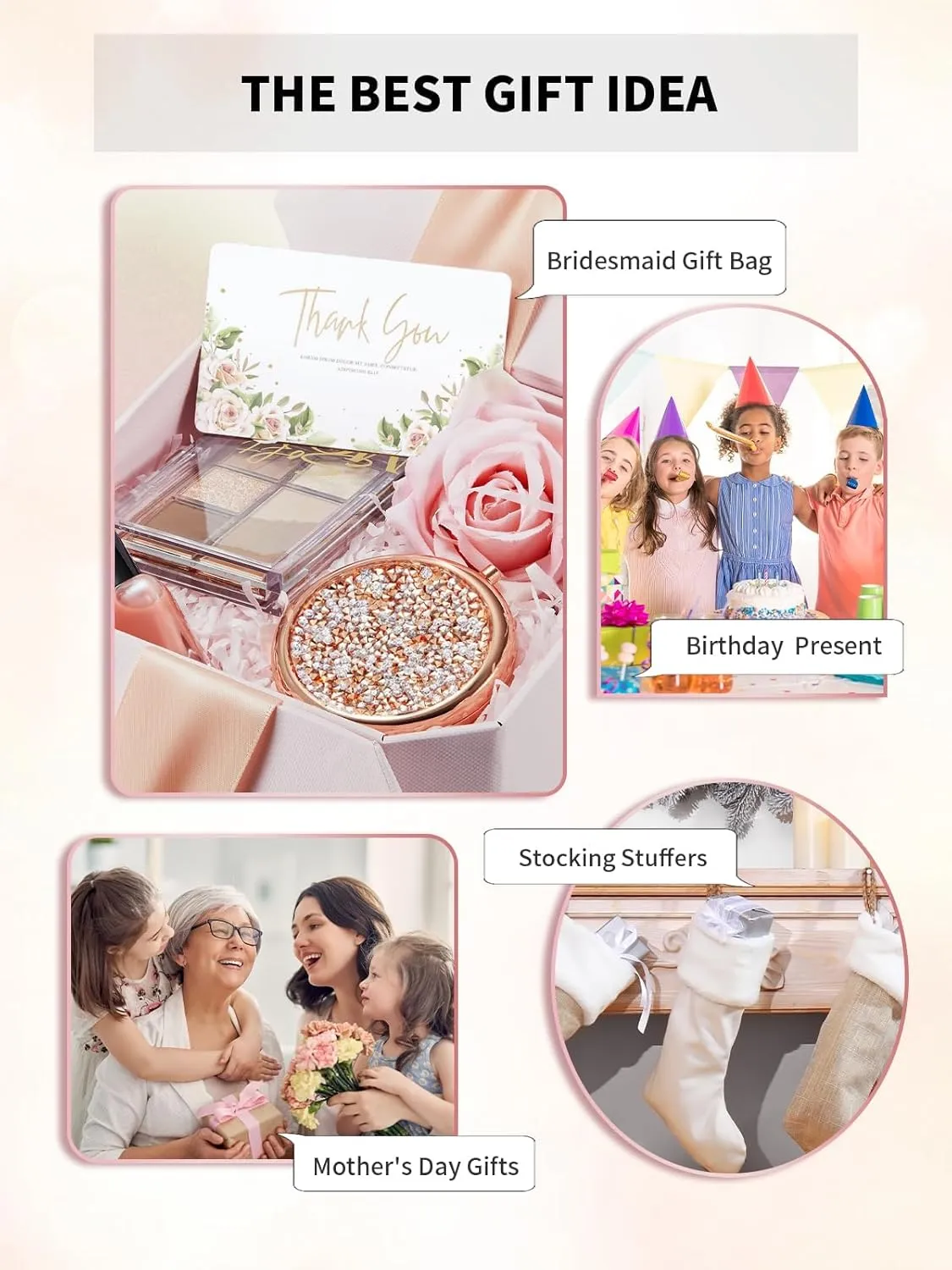 Compact Mirror for Purse, Pack of 6 Double-Sided 1X/2X Magnifying Round Metal Pocket Makeup Mirrors(Rose Gold, Mix Diamond)