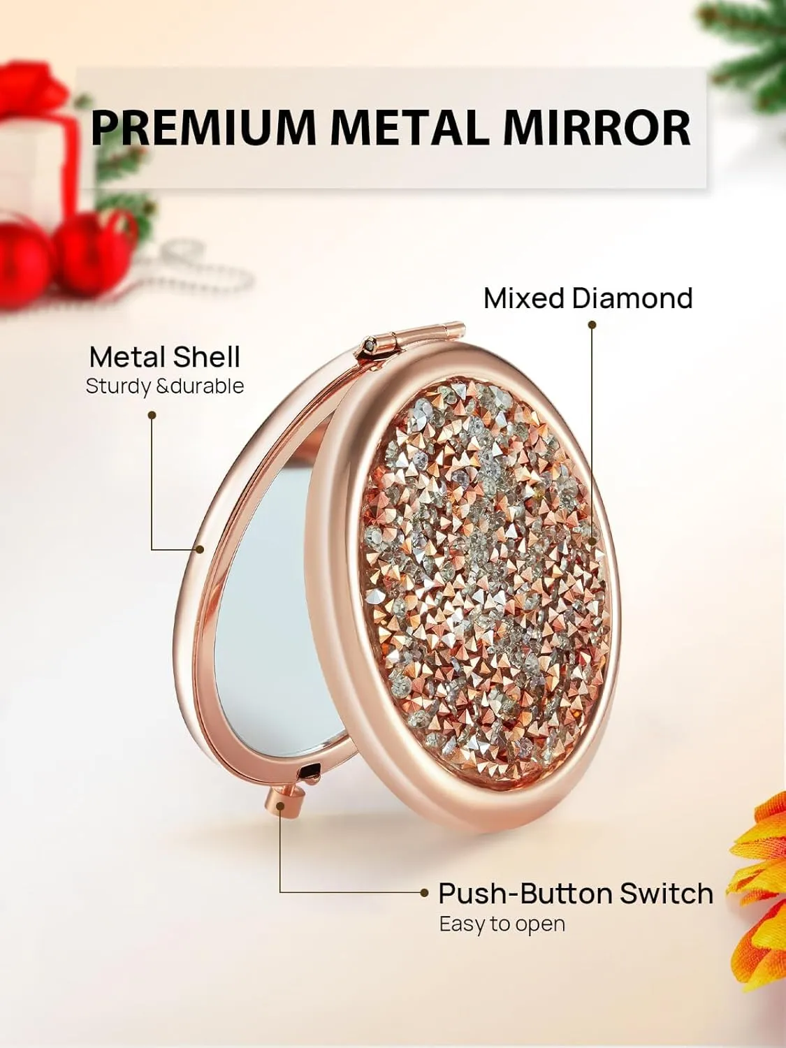 Compact Mirror for Purse, Pack of 6 Double-Sided 1X/2X Magnifying Round Metal Pocket Makeup Mirrors(Rose Gold, Mix Diamond)