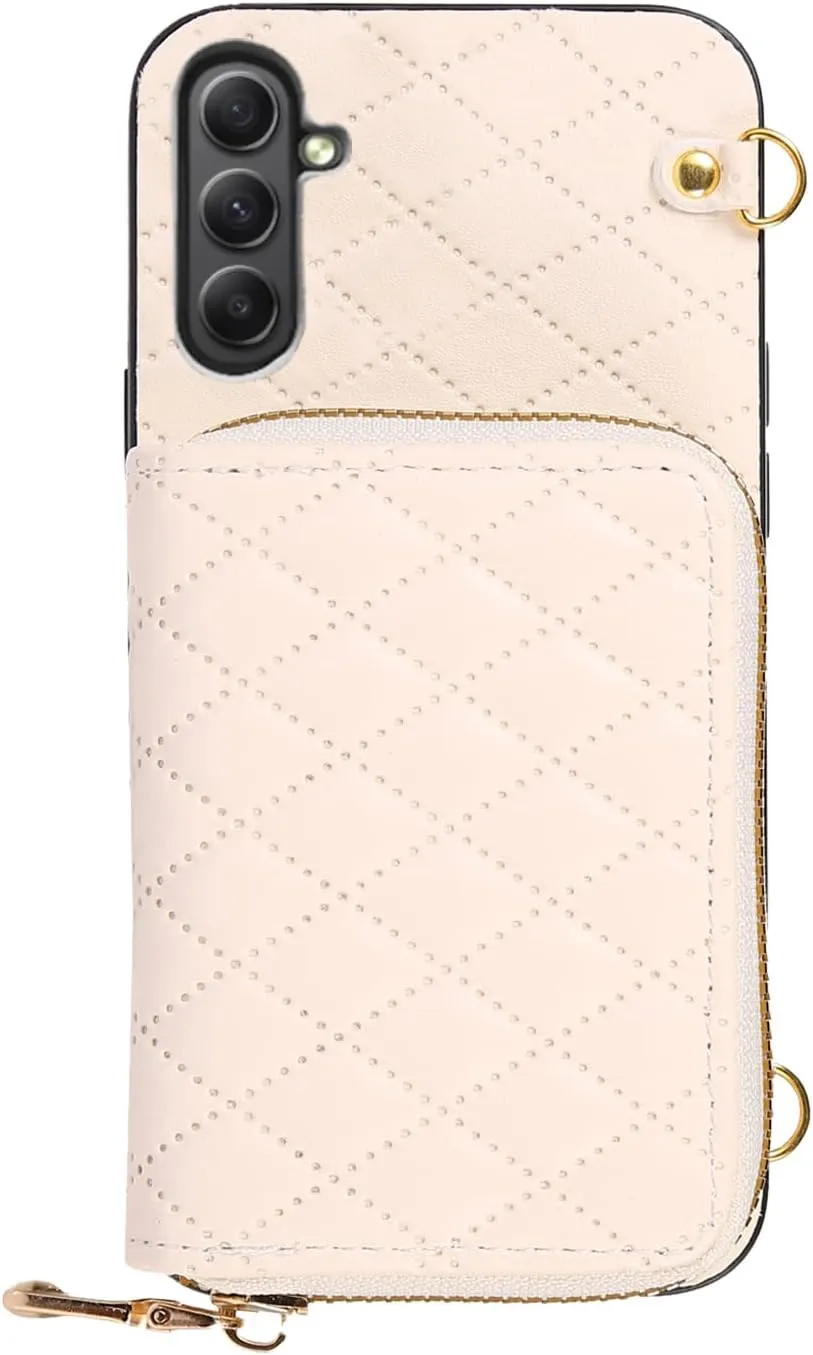 Compatible with Samsung Galaxy A25 5G Zipper Wallet Case & Crossbody Shoulder Strap Flip Purse Card Slot, Luxury PU Leather Card Holder Stand Cell Phone Cover for A 25 25A SM-A256U Women White