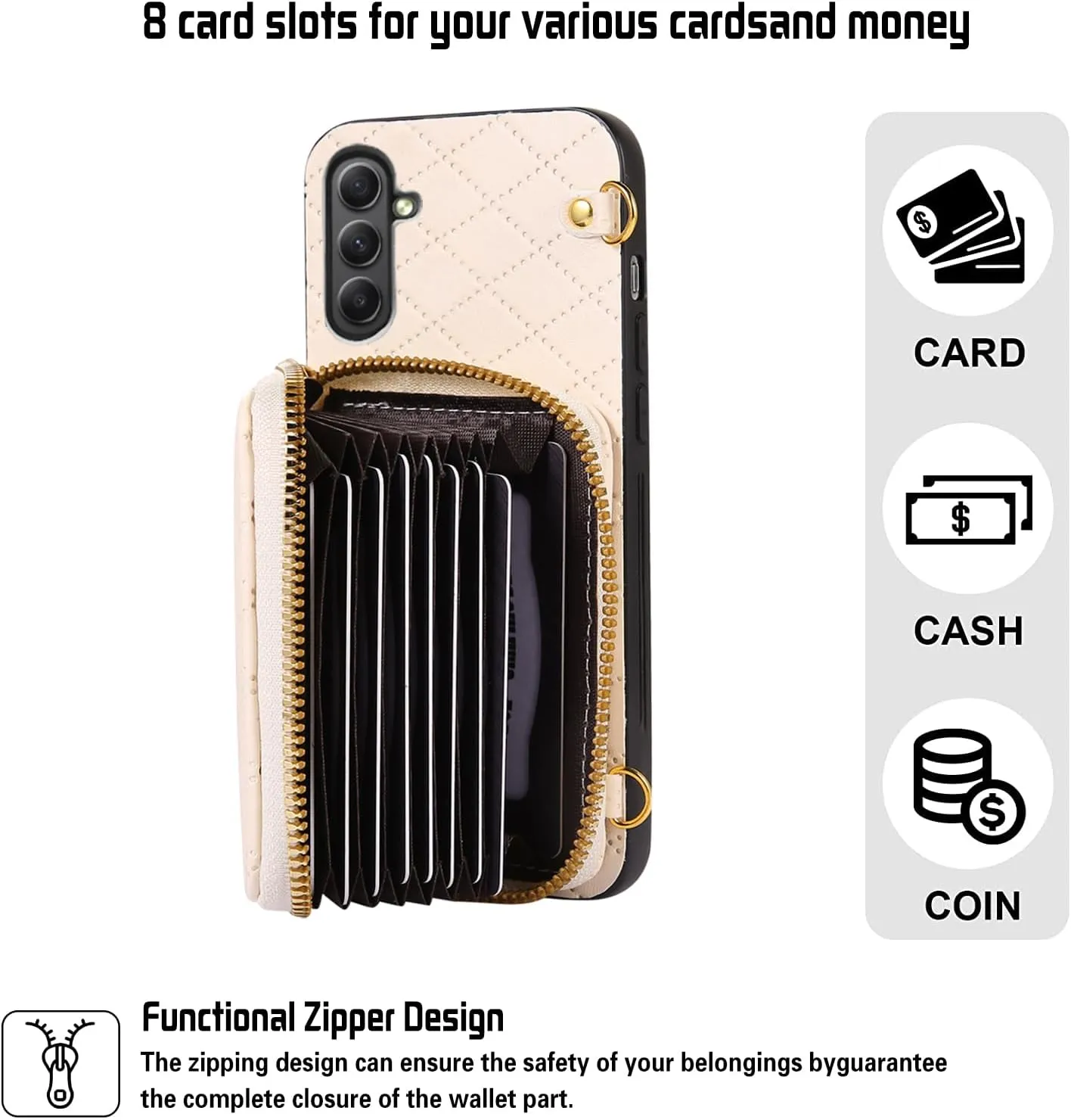 Compatible with Samsung Galaxy A25 5G Zipper Wallet Case & Crossbody Shoulder Strap Flip Purse Card Slot, Luxury PU Leather Card Holder Stand Cell Phone Cover for A 25 25A SM-A256U Women White