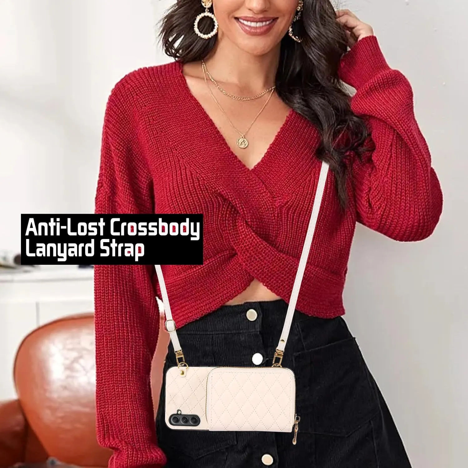 Compatible with Samsung Galaxy A25 5G Zipper Wallet Case & Crossbody Shoulder Strap Flip Purse Card Slot, Luxury PU Leather Card Holder Stand Cell Phone Cover for A 25 25A SM-A256U Women White