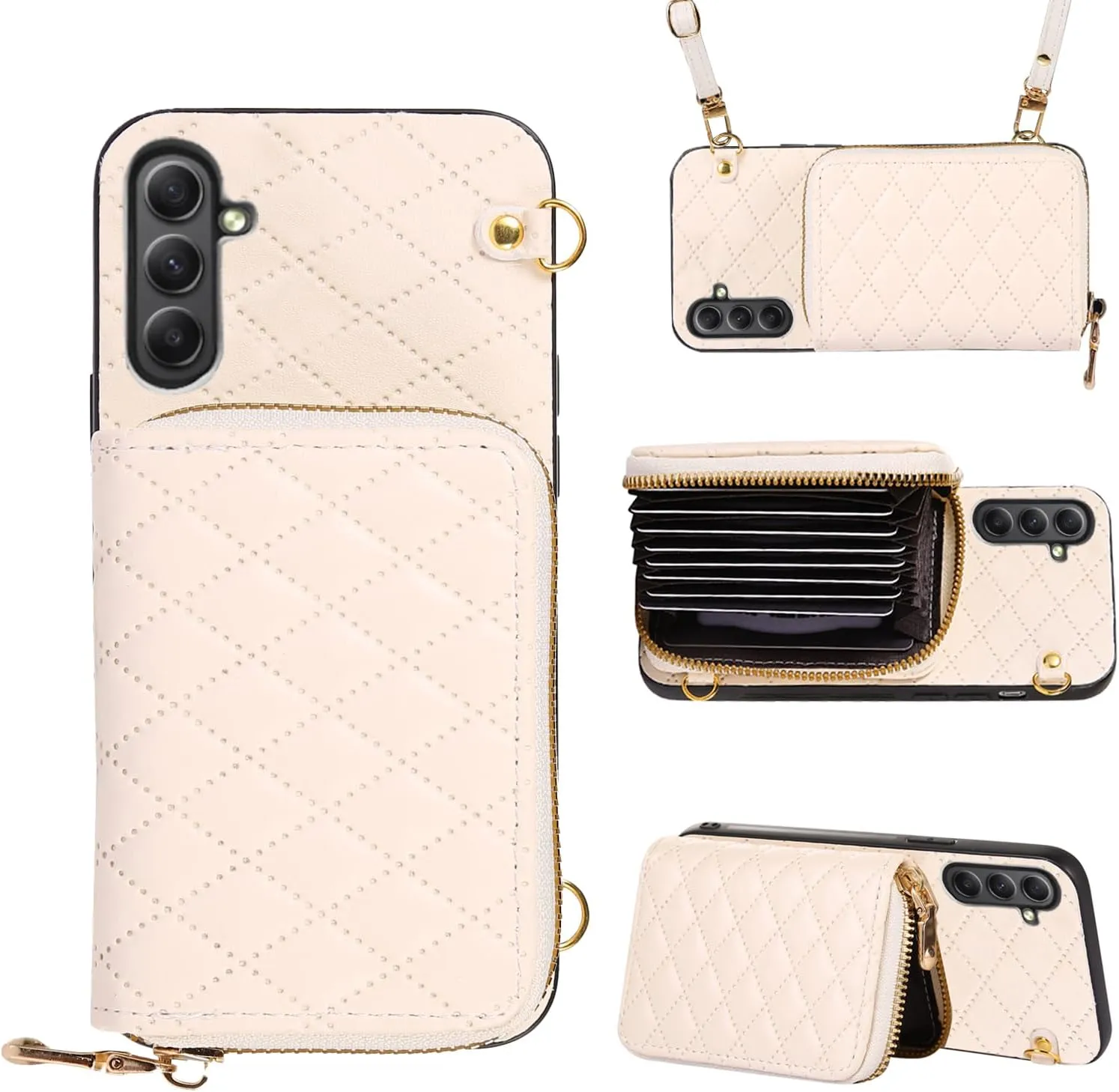 Compatible with Samsung Galaxy A25 5G Zipper Wallet Case & Crossbody Shoulder Strap Flip Purse Card Slot, Luxury PU Leather Card Holder Stand Cell Phone Cover for A 25 25A SM-A256U Women White