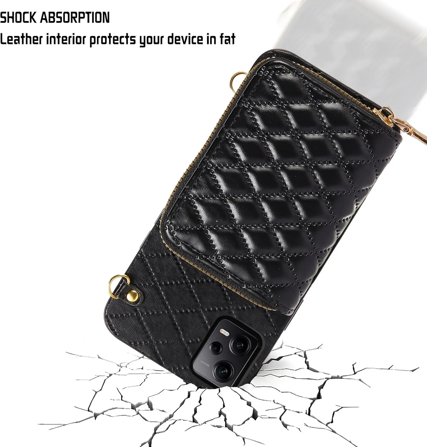 Compatible with Xiaomi Poco X5 Pro/Redmi Note 12 Pro 5G Zipper Wallet Case with Crossbody Shoulder Strap, 8 Card Slots and Leather Stand Cell Phone Cover for X5Pro 12Pro Speed Women Black