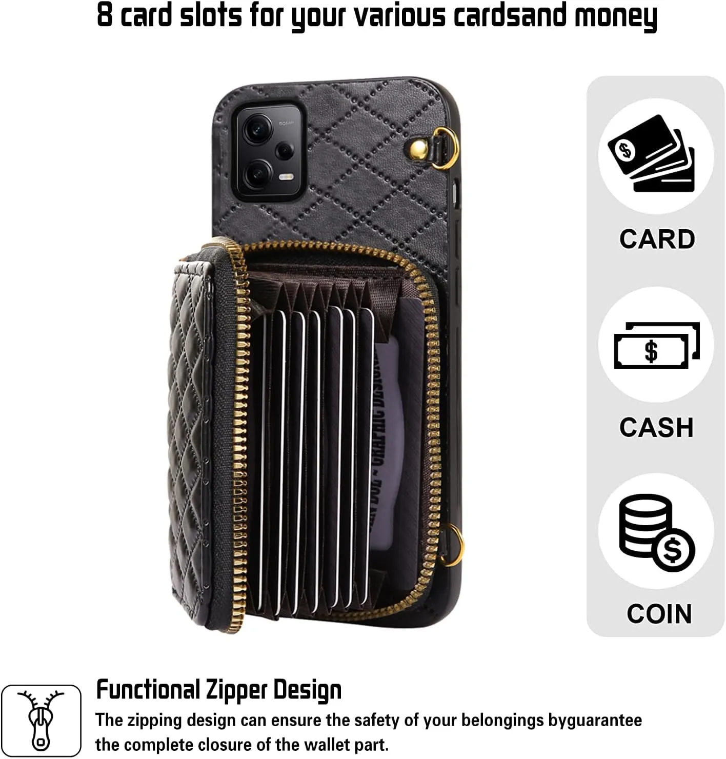 Compatible with Xiaomi Poco X5 Pro/Redmi Note 12 Pro 5G Zipper Wallet Case with Crossbody Shoulder Strap, 8 Card Slots and Leather Stand Cell Phone Cover for X5Pro 12Pro Speed Women Black