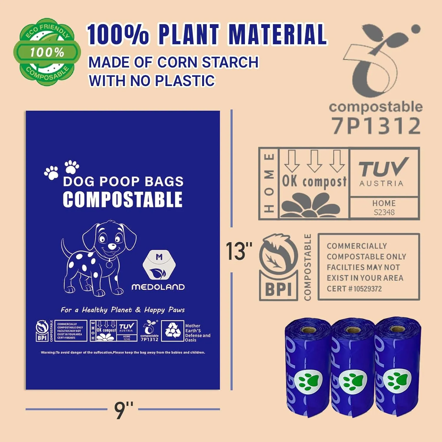 Compostable Dog Poop Bags BPI Certified Biodegradable Pet Waste Bags Leak-Proof Eco Design (7 rolls & a dispenser)