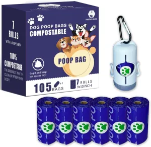 Compostable Dog Poop Bags BPI Certified Biodegradable Pet Waste Bags Leak-Proof Eco Design (7 rolls & a dispenser)