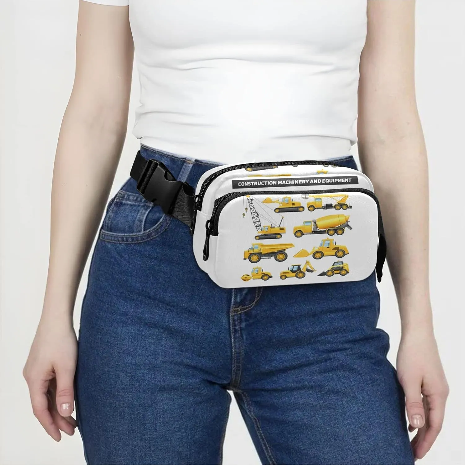 Construction Equipment Yellow Machinery with Truck Crane Bulldozer Adjustable Belt Running Bag, Crossbody Fanny Pack Waist Runners Bag Tote for Women Men Sports Hiking Fitness Exercise Gym Pouch