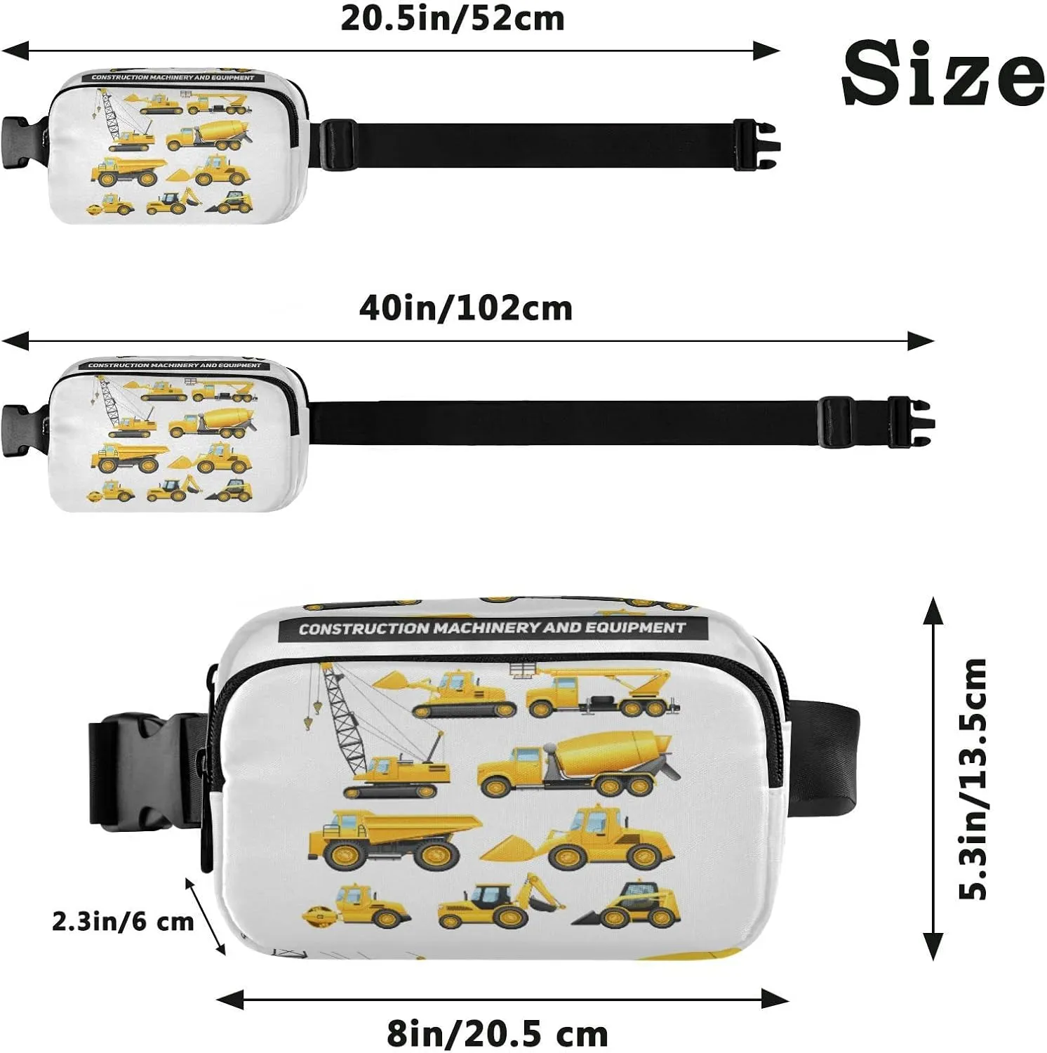 Construction Equipment Yellow Machinery with Truck Crane Bulldozer Adjustable Belt Running Bag, Crossbody Fanny Pack Waist Runners Bag Tote for Women Men Sports Hiking Fitness Exercise Gym Pouch