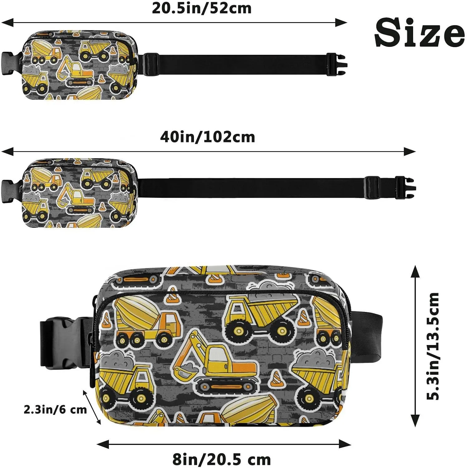Construction Yellow Machinery with Truck Crane and Bulldozer Adjustable Belt Running Bag, Crossbody Fanny Pack Waist Runners Bag Tote for Women Men Sports Hiking Fitness Exercise Gym Pouch