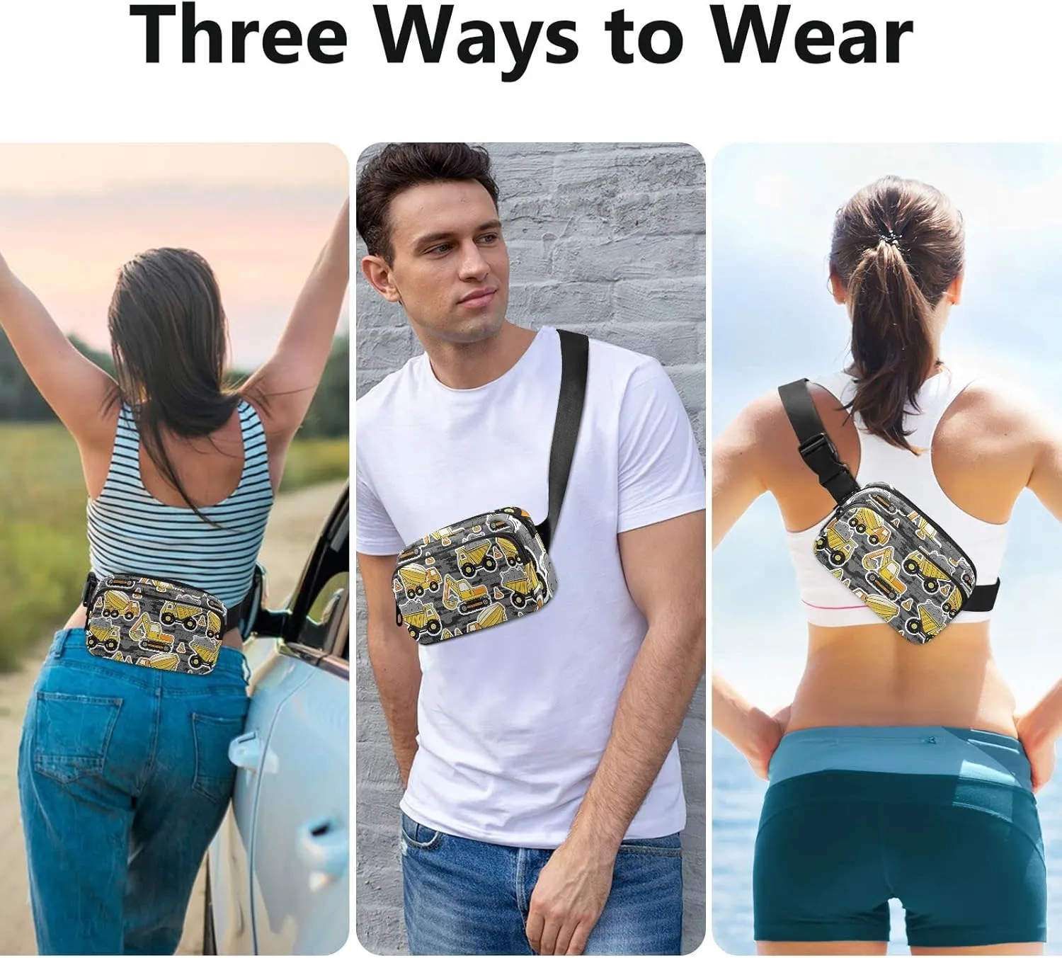Construction Yellow Machinery with Truck Crane and Bulldozer Adjustable Belt Running Bag, Crossbody Fanny Pack Waist Runners Bag Tote for Women Men Sports Hiking Fitness Exercise Gym Pouch