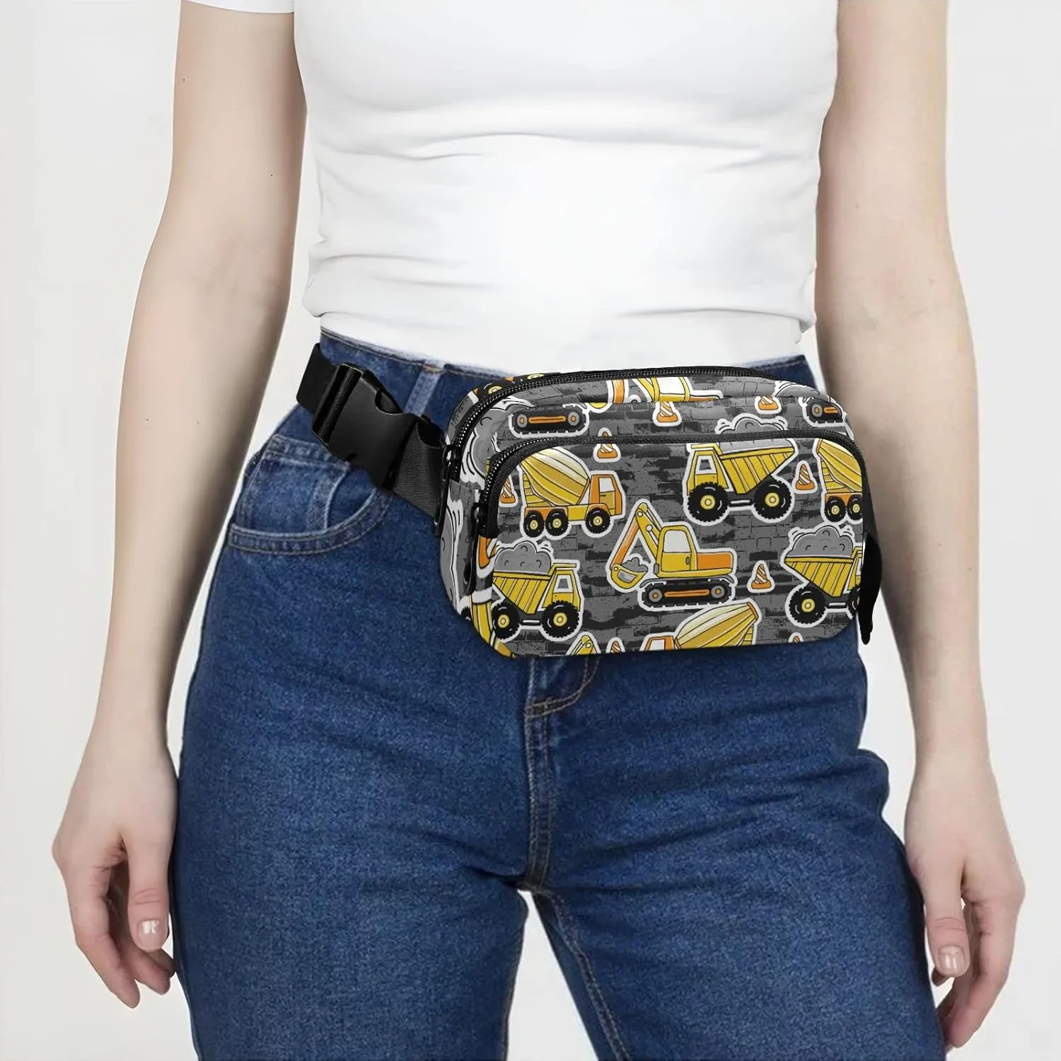 Construction Yellow Machinery with Truck Crane and Bulldozer Adjustable Belt Running Bag, Crossbody Fanny Pack Waist Runners Bag Tote for Women Men Sports Hiking Fitness Exercise Gym Pouch