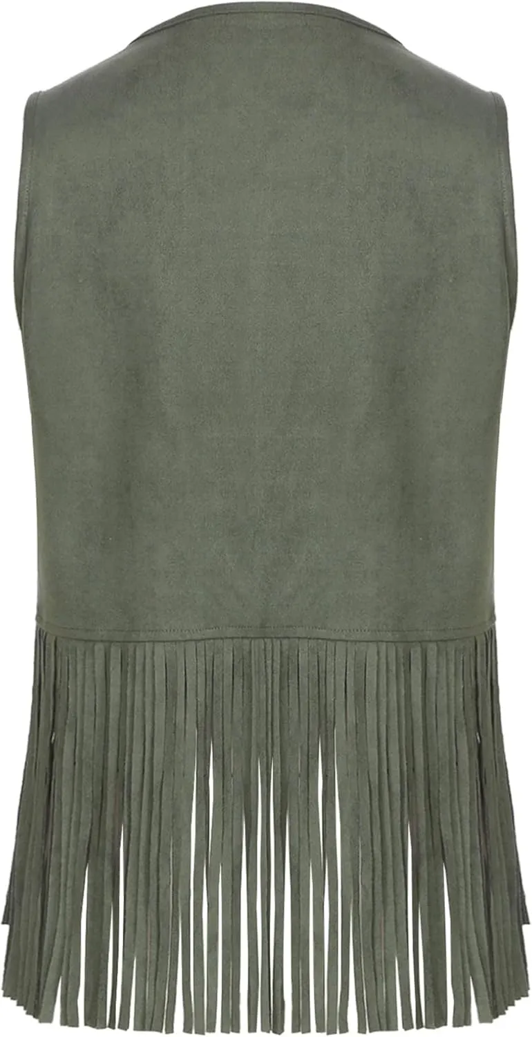 Cowgirl 70s Hippie Costume Faux Suede Tassel Vest for Women Rivets Fringe Waistcoat Jackets
