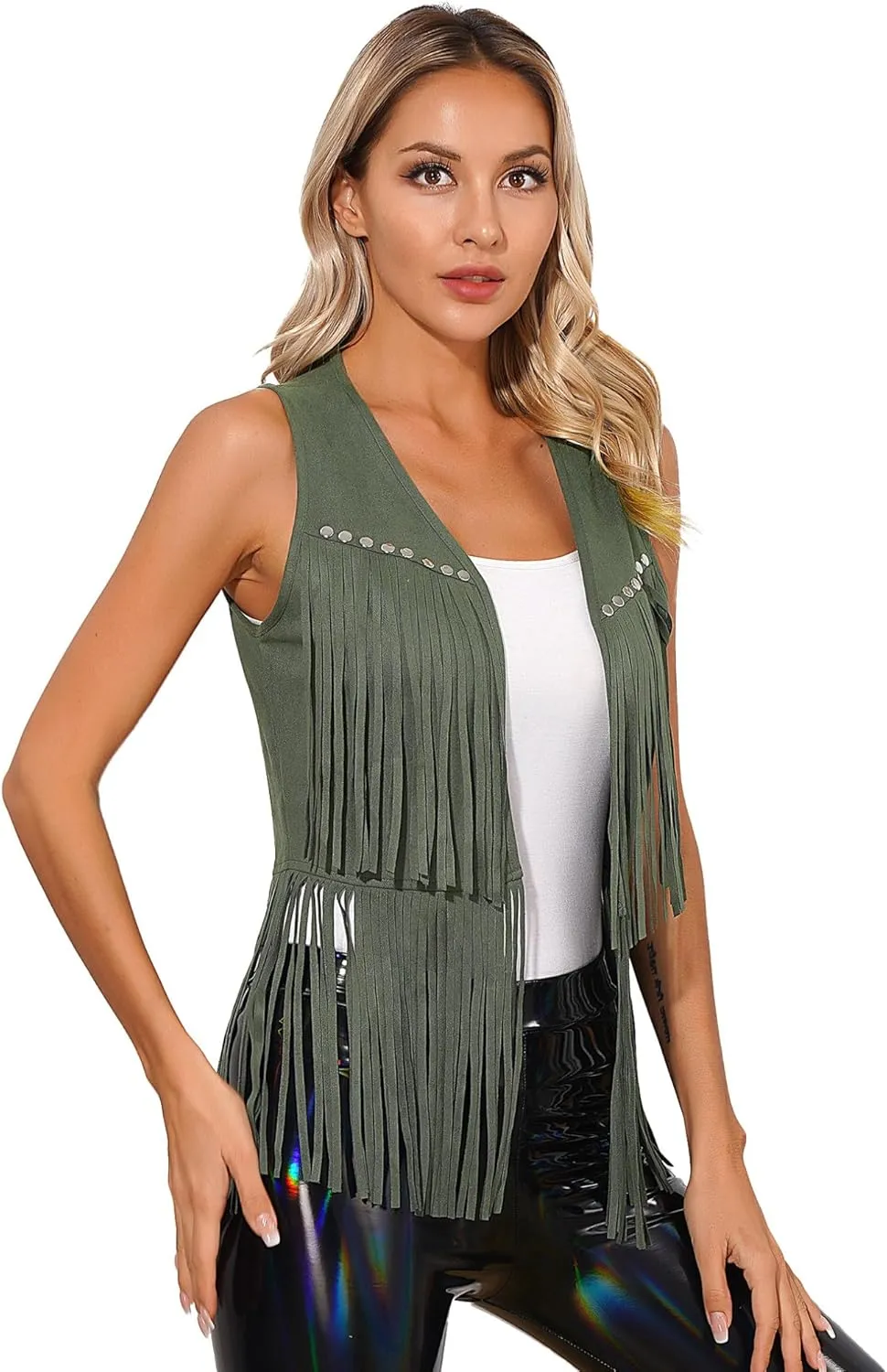 Cowgirl 70s Hippie Costume Faux Suede Tassel Vest for Women Rivets Fringe Waistcoat Jackets
