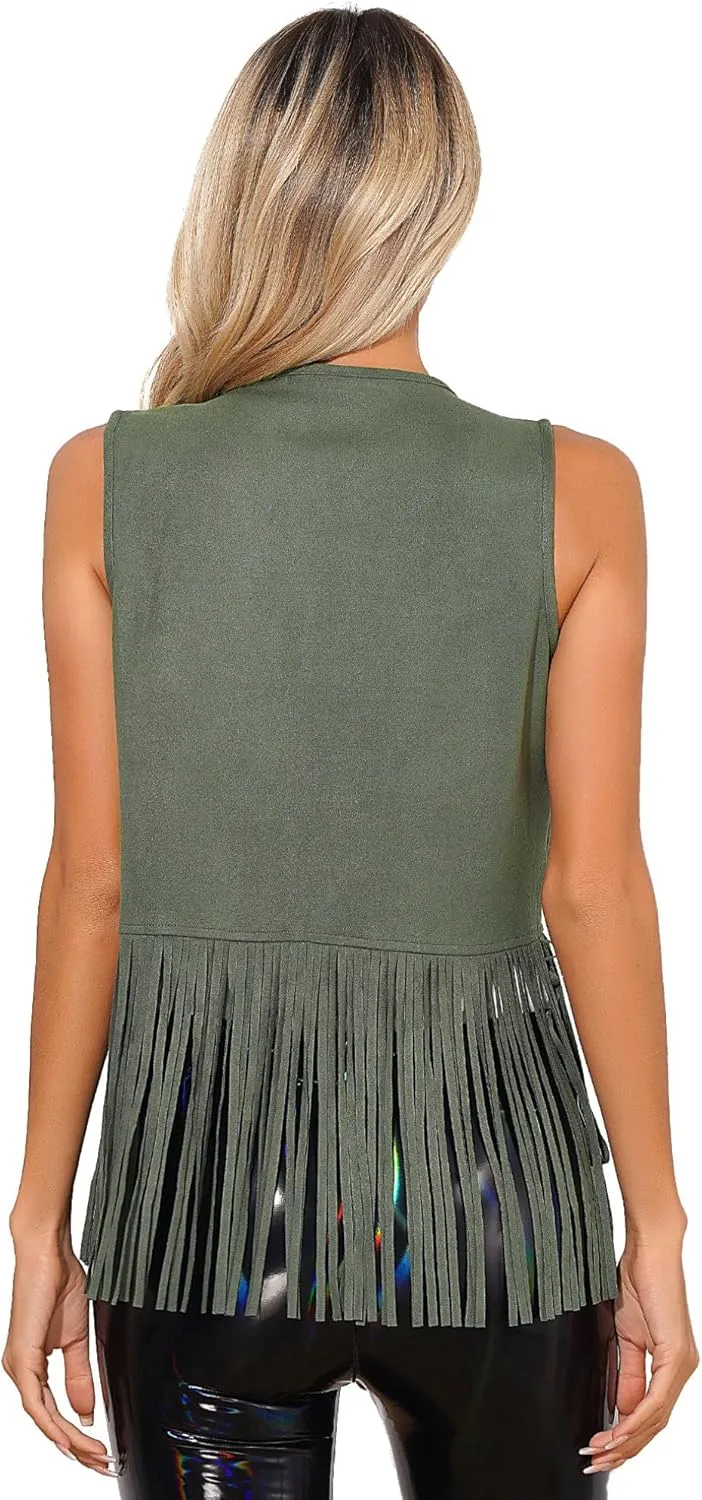 Cowgirl 70s Hippie Costume Faux Suede Tassel Vest for Women Rivets Fringe Waistcoat Jackets