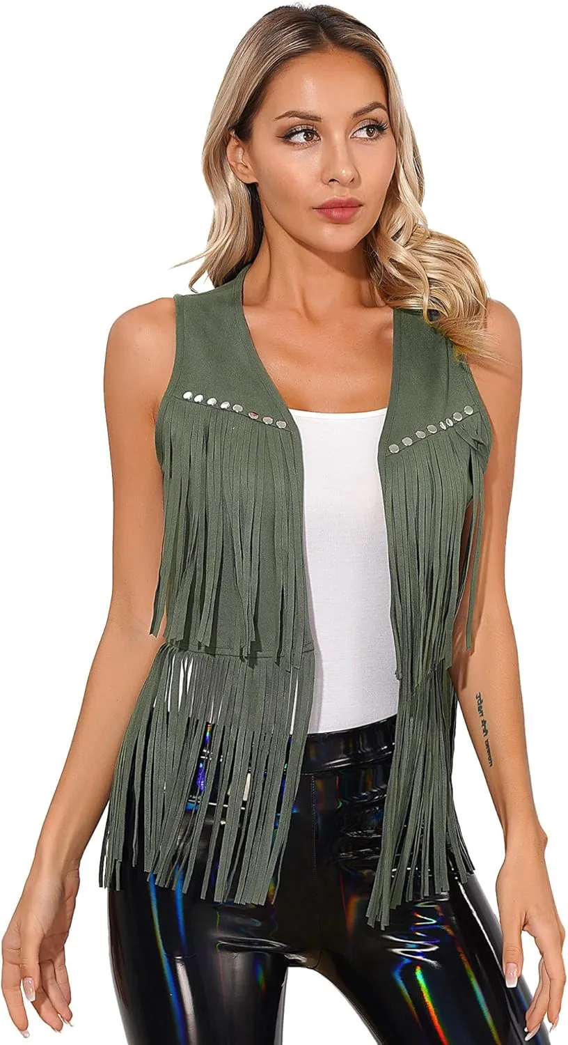 Cowgirl 70s Hippie Costume Faux Suede Tassel Vest for Women Rivets Fringe Waistcoat Jackets