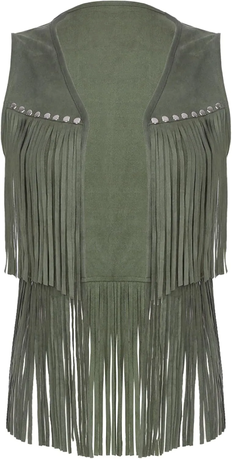 Cowgirl 70s Hippie Costume Faux Suede Tassel Vest for Women Rivets Fringe Waistcoat Jackets