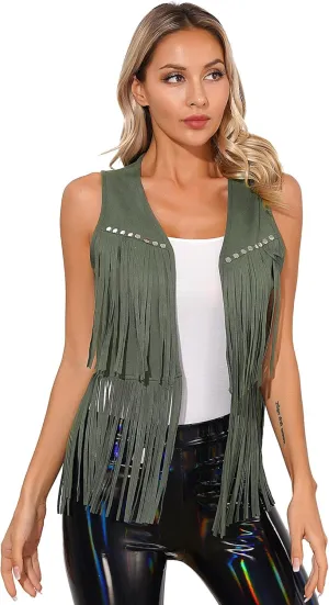 Cowgirl 70s Hippie Costume Faux Suede Tassel Vest for Women Rivets Fringe Waistcoat Jackets
