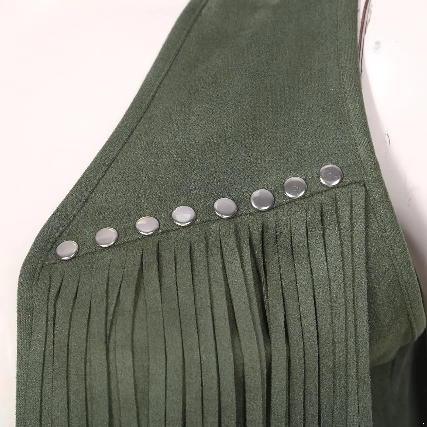 Cowgirl 70s Hippie Costume Faux Suede Tassel Vest for Women Rivets Fringe Waistcoat Jackets