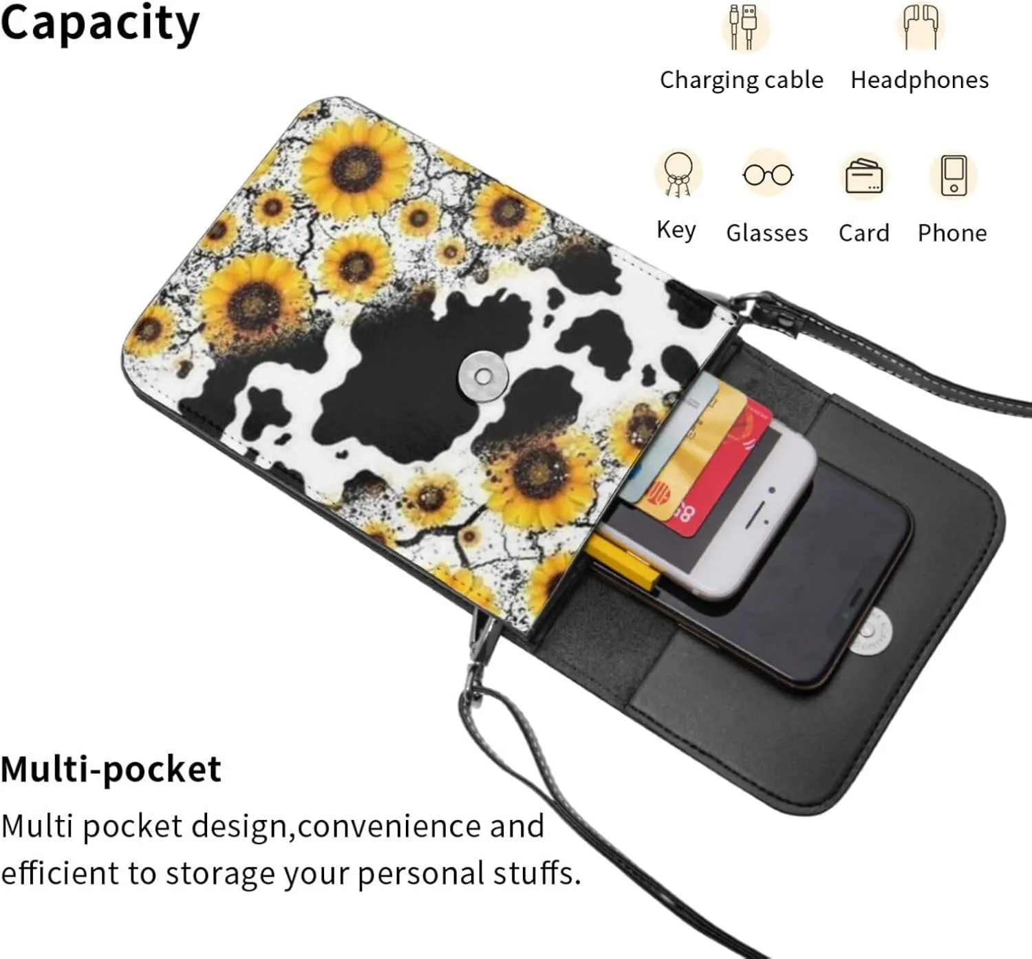Cows and Sunflowers Cell Phone Purse Small Crossbody Bags For Women Men Wallet Purses With Adjustable Strap