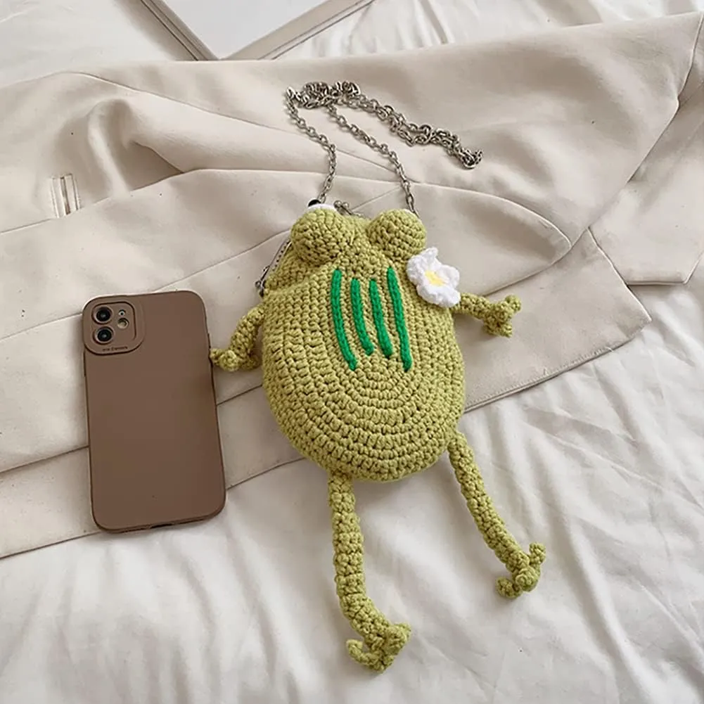 Creative Hand-Knitted Frog Small Cellphone Crossbody Bag,Funny Cartoon Kiss Lock Chain Shoulder Bag,Cute Crochet Frog Handbag