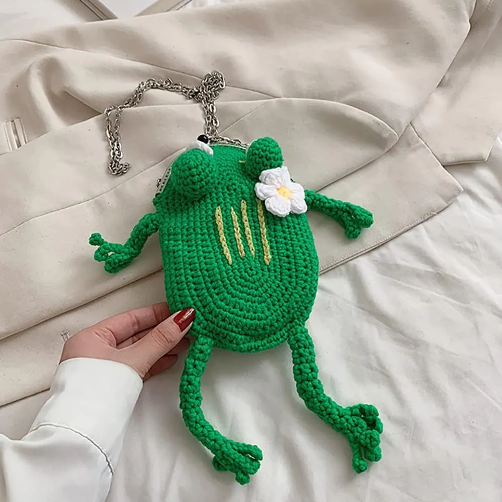 Creative Hand-Knitted Frog Small Cellphone Crossbody Bag,Funny Cartoon Kiss Lock Chain Shoulder Bag,Cute Crochet Frog Handbag