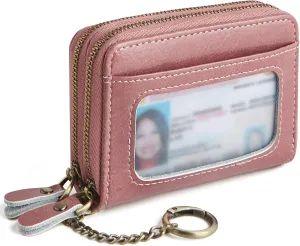 Credit Card Holder for Women, RFID Blocking Wallet Small Leather Wallet Women with Accordion Zipper, Card Wallet Keychain Pink