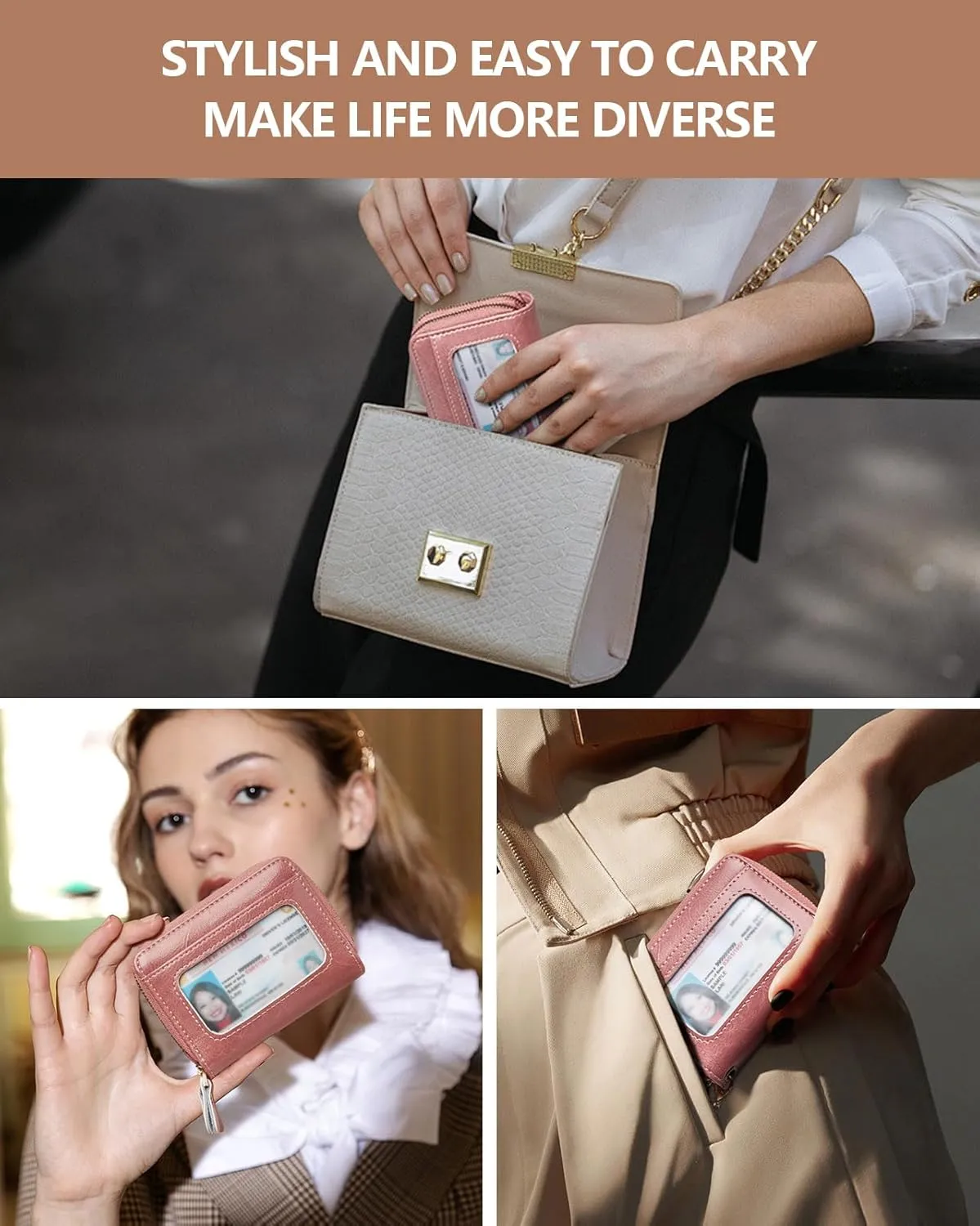Credit Card Holder for Women, RFID Blocking Wallet Small Leather Wallet Women with Accordion Zipper, Card Wallet Keychain Pink