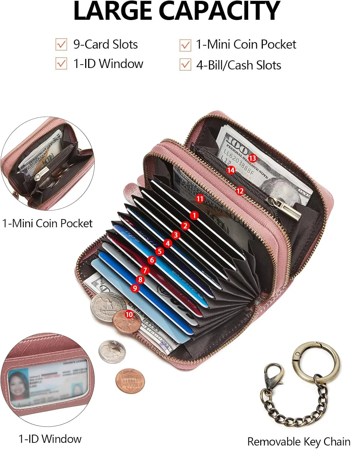 Credit Card Holder for Women, RFID Blocking Wallet Small Leather Wallet Women with Accordion Zipper, Card Wallet Keychain Pink