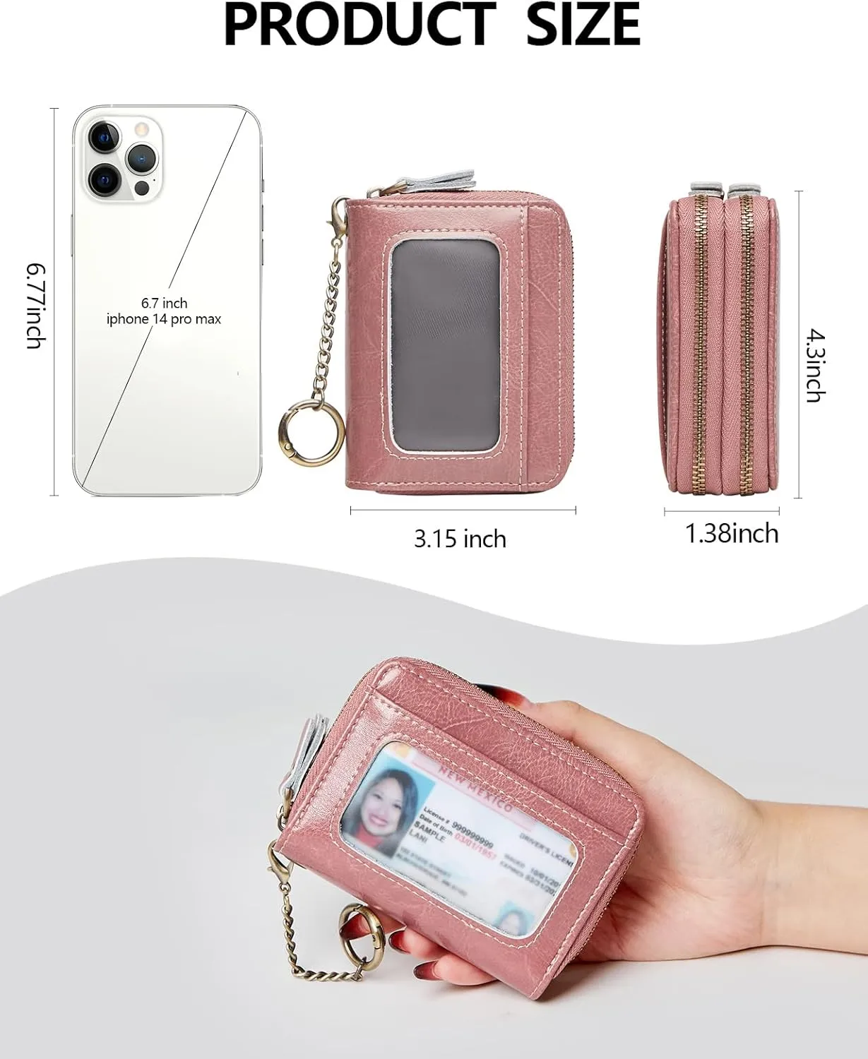 Credit Card Holder for Women, RFID Blocking Wallet Small Leather Wallet Women with Accordion Zipper, Card Wallet Keychain Pink