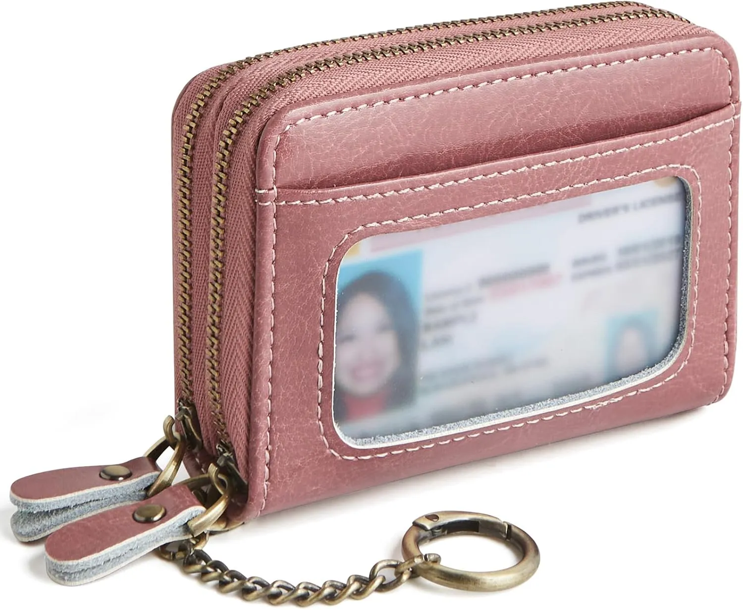 Credit Card Holder for Women, RFID Blocking Wallet Small Leather Wallet Women with Accordion Zipper, Card Wallet Keychain Pink